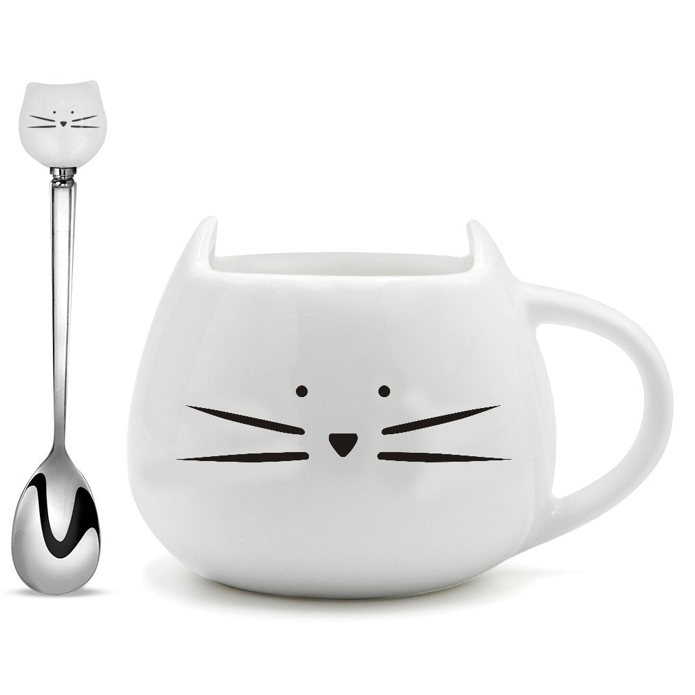 Koolkatkoo Ceramic Cat Coffee Mug with Spoon Set for Girls Cat Lovers Cute Tea mugs Gifts for Women 12 oz White