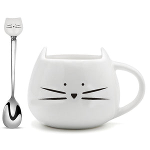 Koolkatkoo Ceramic Cat Coffee Mug with Spoon Set for Girls Cat Lovers Cute Tea mugs Gifts for Women 12 oz White