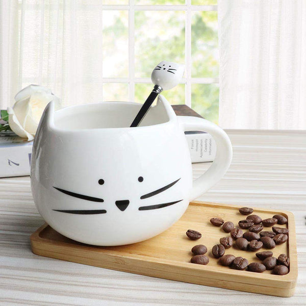 Koolkatkoo Ceramic Cat Coffee Mug with Spoon Set for Girls Cat Lovers Cute Tea mugs Gifts for Women 12 oz White