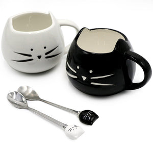 Koolkatkoo Cute Cat Mug Ceramic Coffee Mugs Set Gifts for Women Girls Cat Lovers Funny Small Cup with Spoon 12 oz Black and White