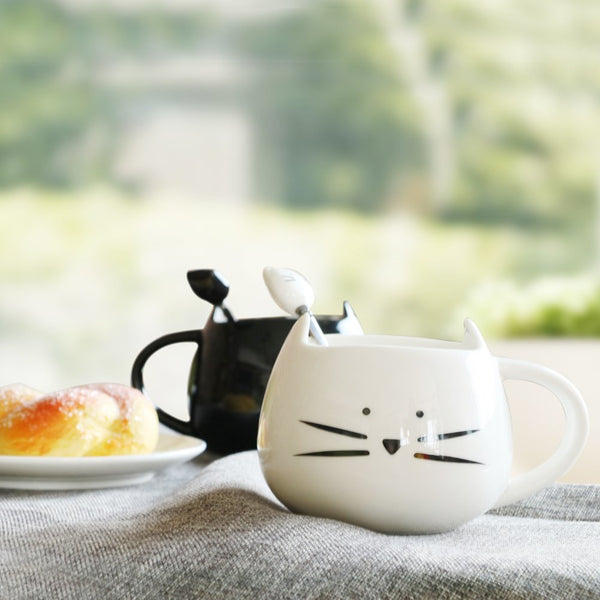 Koolkatkoo Cute Cat Mug Ceramic Coffee Mugs Set Gifts for Women Girls Cat Lovers Funny Small Cup with Spoon 12 oz Black and White