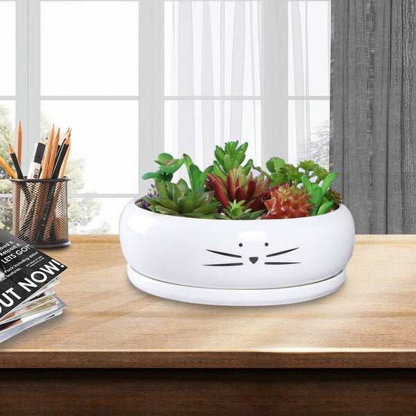 Koolkatkoo 8 Inch Large Cute Cat Ceramic Succulent Planter Pots with Removable Saucer Unique Porcelain Cactus Planters Decorative Flower Pot for Cat Lovers White